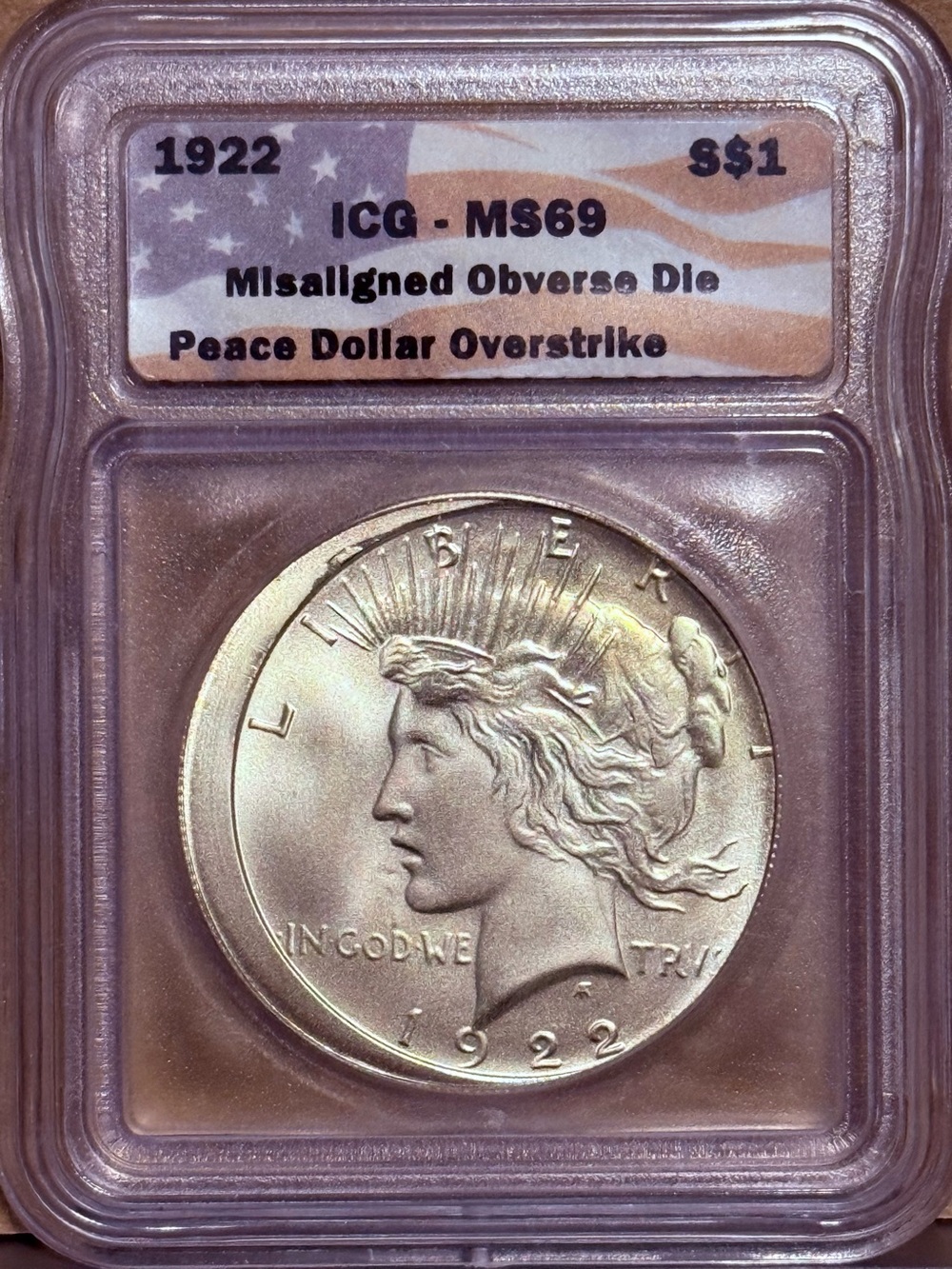 1922 Peace Dollar Silver Coin - Misaligned Obverse Die - Graded MS69